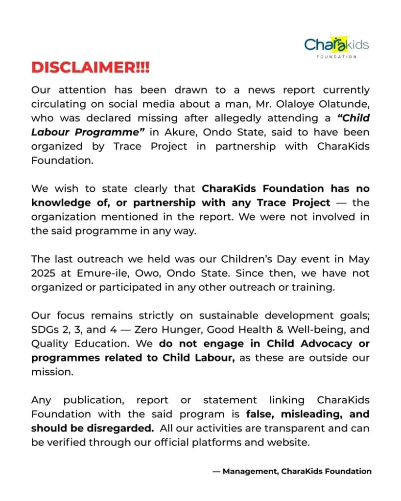 CharaKids Foundation Clarifies: No Involvement in Reported Child Labour Programme